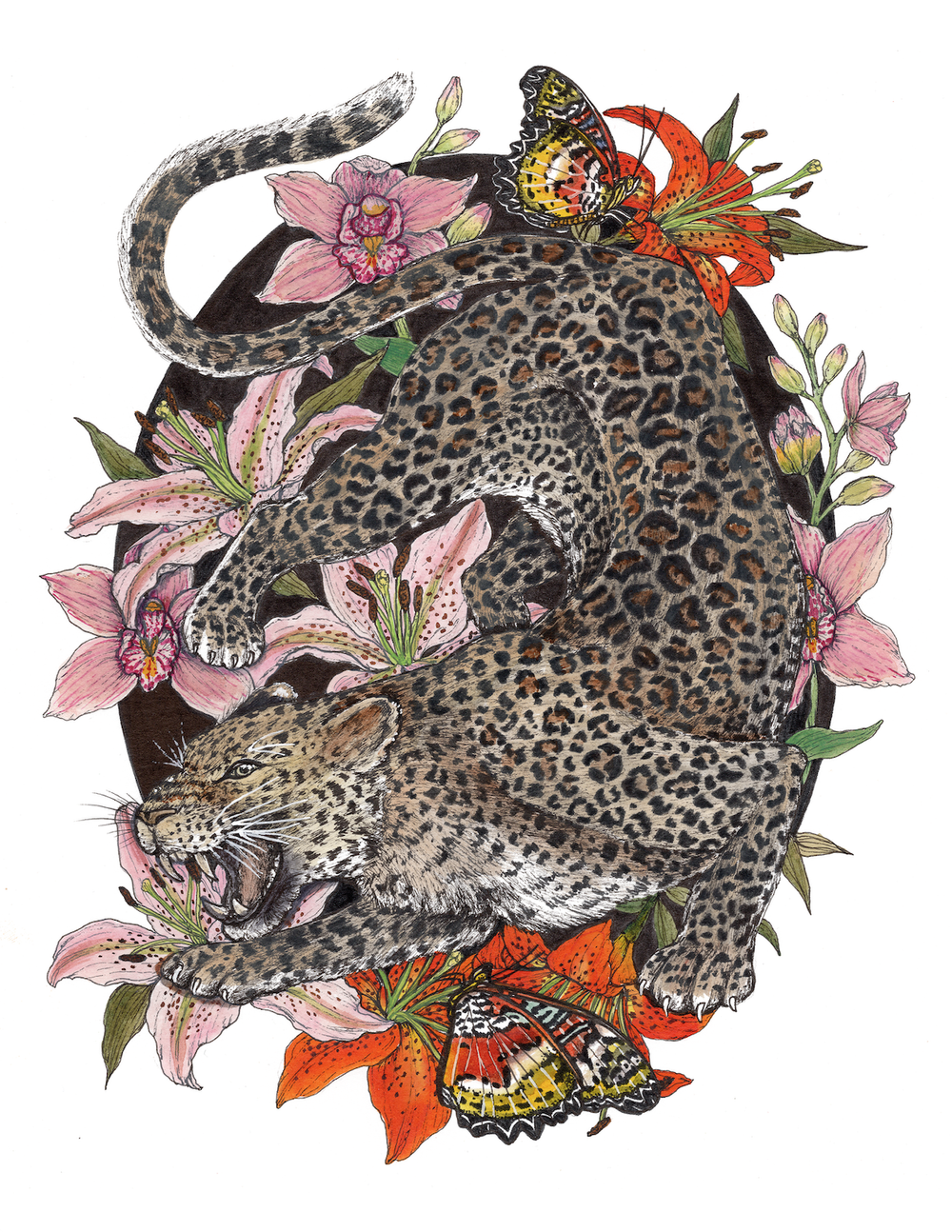 Leopard in Orchids and Lillies — Erin Joy Art